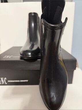 INC International Concepts Black Gloss Chelsea Rain Ankle Boots